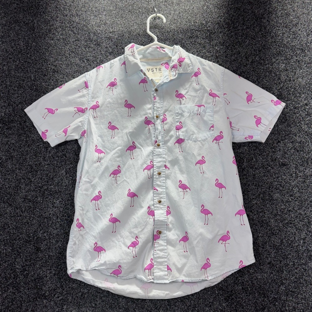 VSTR‎ Premium Mens Medium Blue Pink Flamingo Print Cotton Button Up Shirt SS